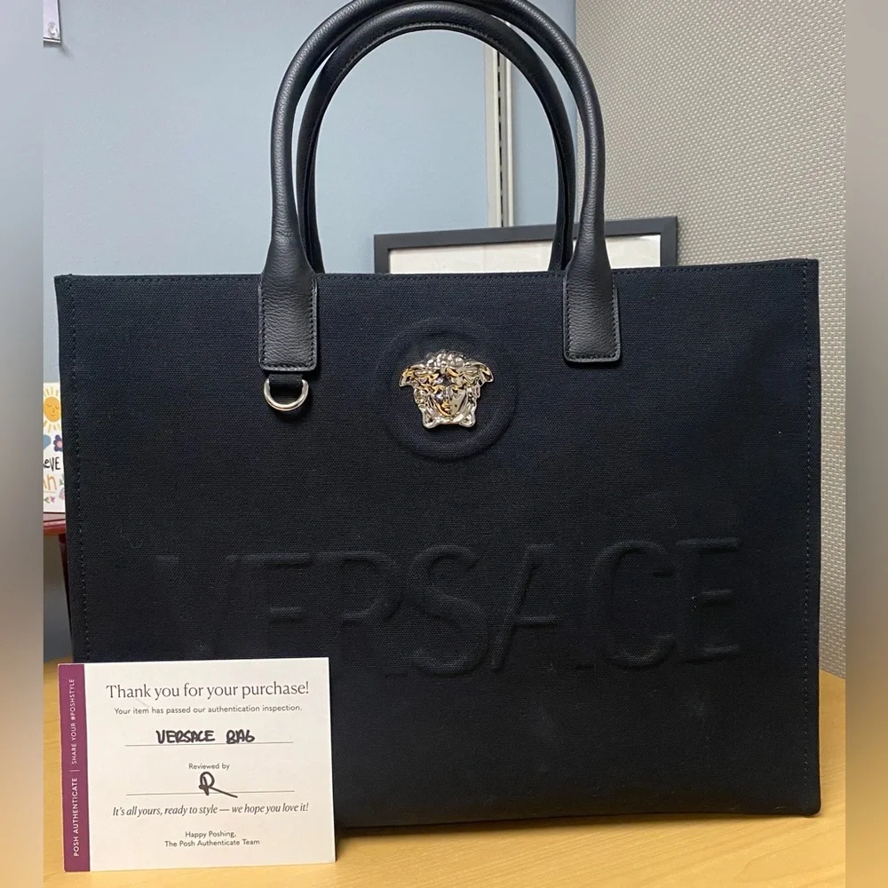 VERSACE Black Large Tote Bag w/Silver Medusa and Branded Dust Bag, EUC
